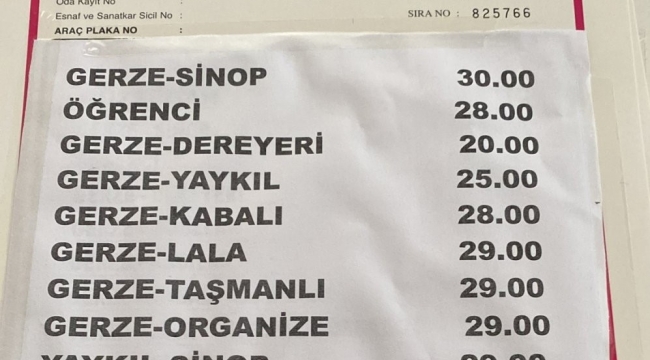 Sinop-Gerze dolmuş tarifesine 5 TL zam