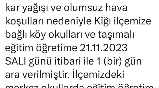 Yedisu'dan sonra Kiğı'da da taşımalı eğitime 1 gün ara verildi