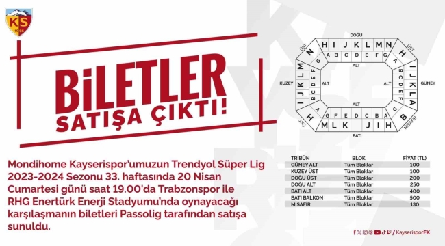 Kayserispor-Trabzonspor maçı bilet fiyatları belli oldu
