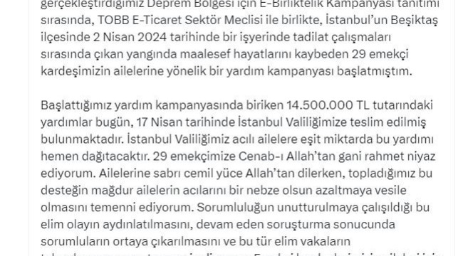Ticaret Bakanı Bolat açıkladı: "Beşiktaş'taki yangın faciasında hayatını kaybeden 29 işçi için 14 milyon 500 bin TL toplandı"
