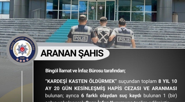 Bingöl'de 8 yıl kesinleşmiş hapis cezası bulunan zanlı yakalandı