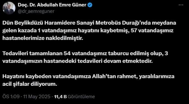 İl Sağlık Müdürü Güner: "Metrobüs kazasında 1 vatandaşımız hayatını kaybetti, 57 vatandaşımız yaralandı"