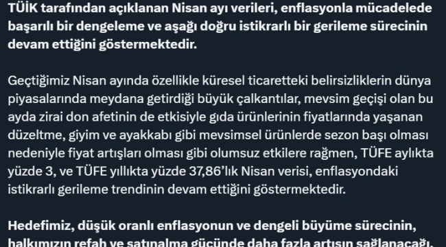 Ticaret Bakanı Bolat: "Nisan verileri, enflasyondaki gerileme trendinin devam ettiğini göstermektedir"