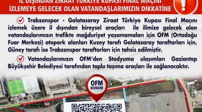 Türkiye Kupası finaline araçlarıyla gelecek taraftarlar için Gaziantep'teki otopark alanları belirlendi